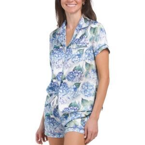 DALIA MACPHEE M Hydrangea Print Notch Collar Button Front Short Sleeve Shorts PJ